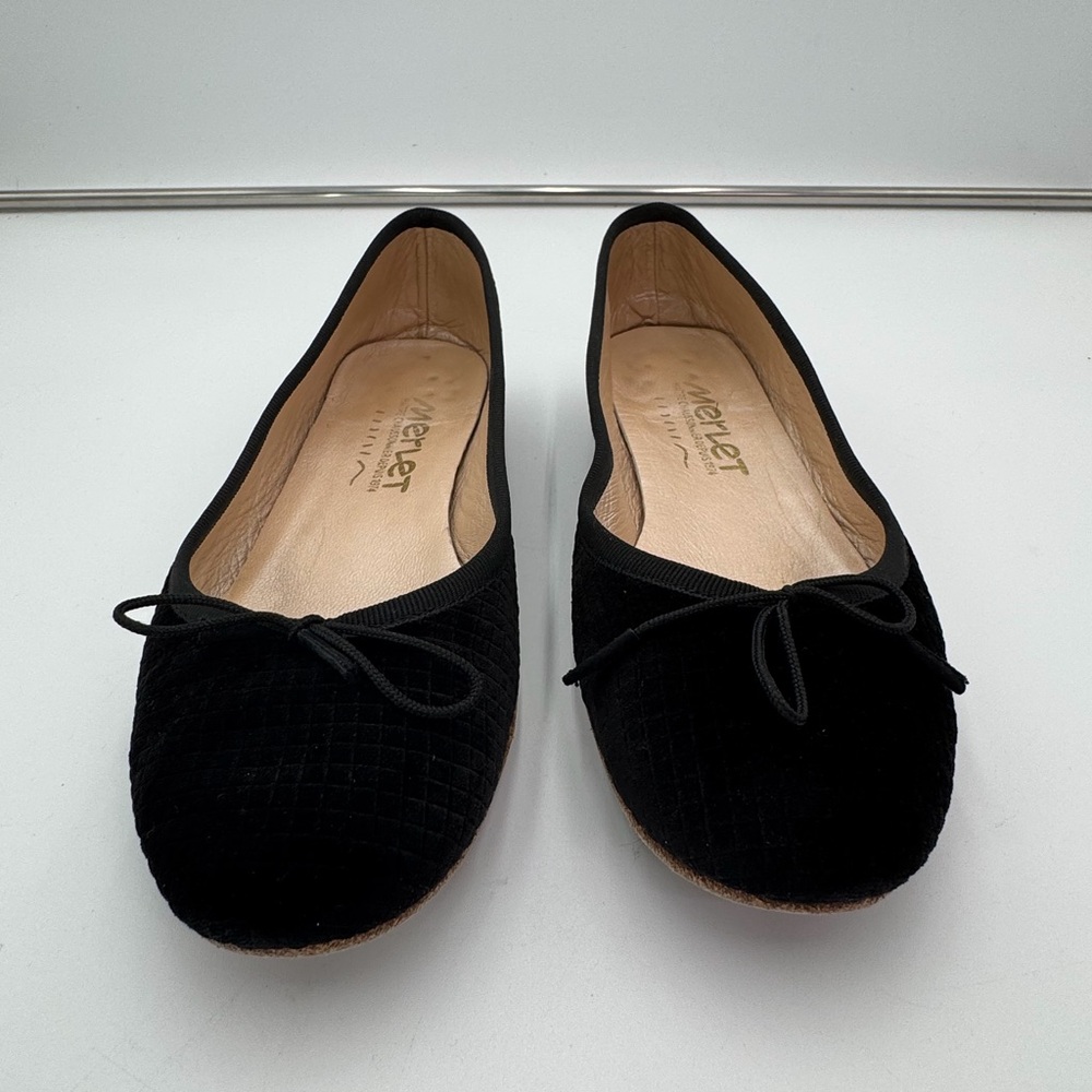 MERLET Paris Black Velvet Ballet Flats Leather Sole Womens EU 36 Handmade France